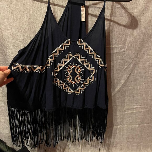 Haute Society Tops - EUC Womens Navy Haute Society Tank Top with Fringe